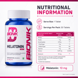 Bionik Nutrition Melatonin 10 mg sleep supplement tablets for adults, showing a bottle of 30 melatonin tablets.