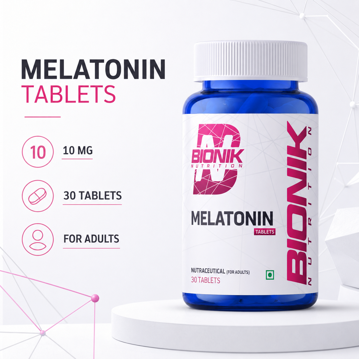 Bionik Nutrition Melatonin 10 mg tablets, sleep supplement for adults, showing a bottle of 30 melatonin nutraceutical tablets.
