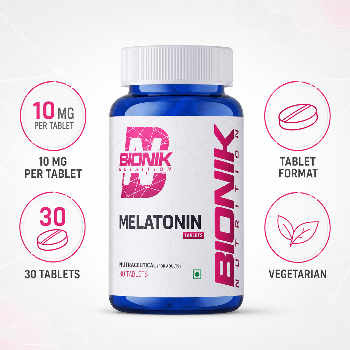 Bionik Nutrition Melatonin 10 mg sleep supplement tablets for adults, showing a bottle of 30 tablets with label and packaging.