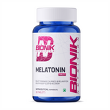 Bionik Nutrition Melatonin 10 mg sleep supplement tablets for adults, showing 30 tablets in a blister pack.