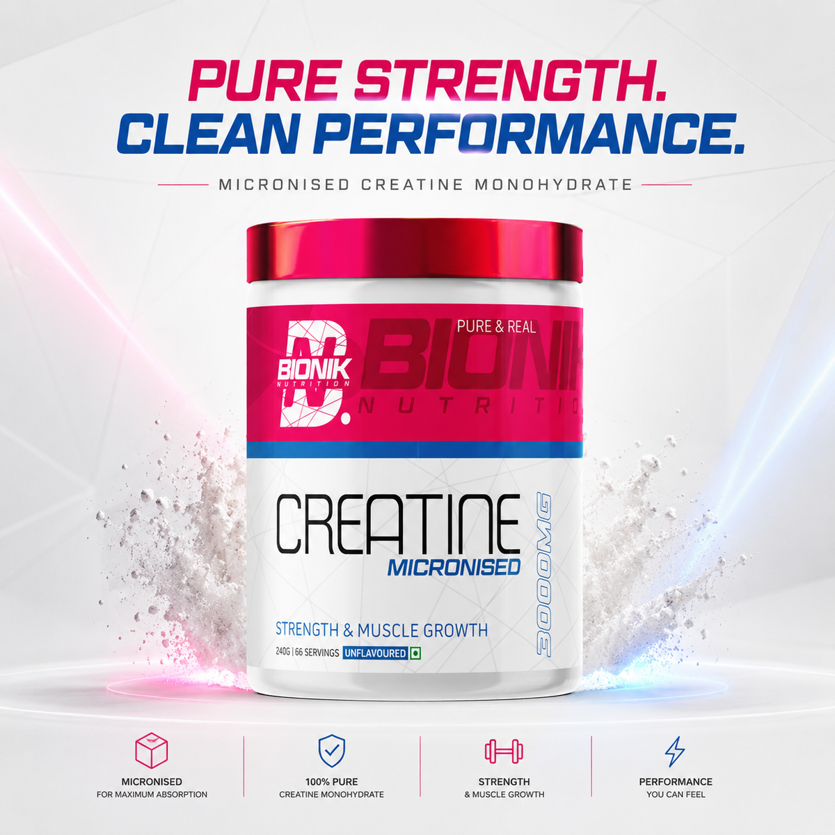 BIONIK NUTRITION Creatine Monohydrate 240g container for sports nutrition and muscle support.