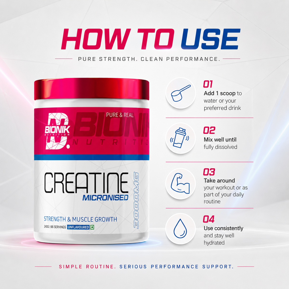 BIONIK NUTRITION Creatine Monohydrate 240g container, sports nutrition supplement for muscle support and athletic performance