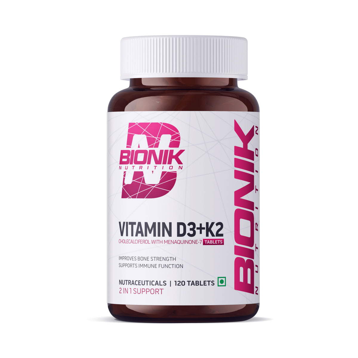 BIONIK NUTRITION Vitamin D3 + K2 tablets bottle with 120 tablets, showing the supplement packaging and label.