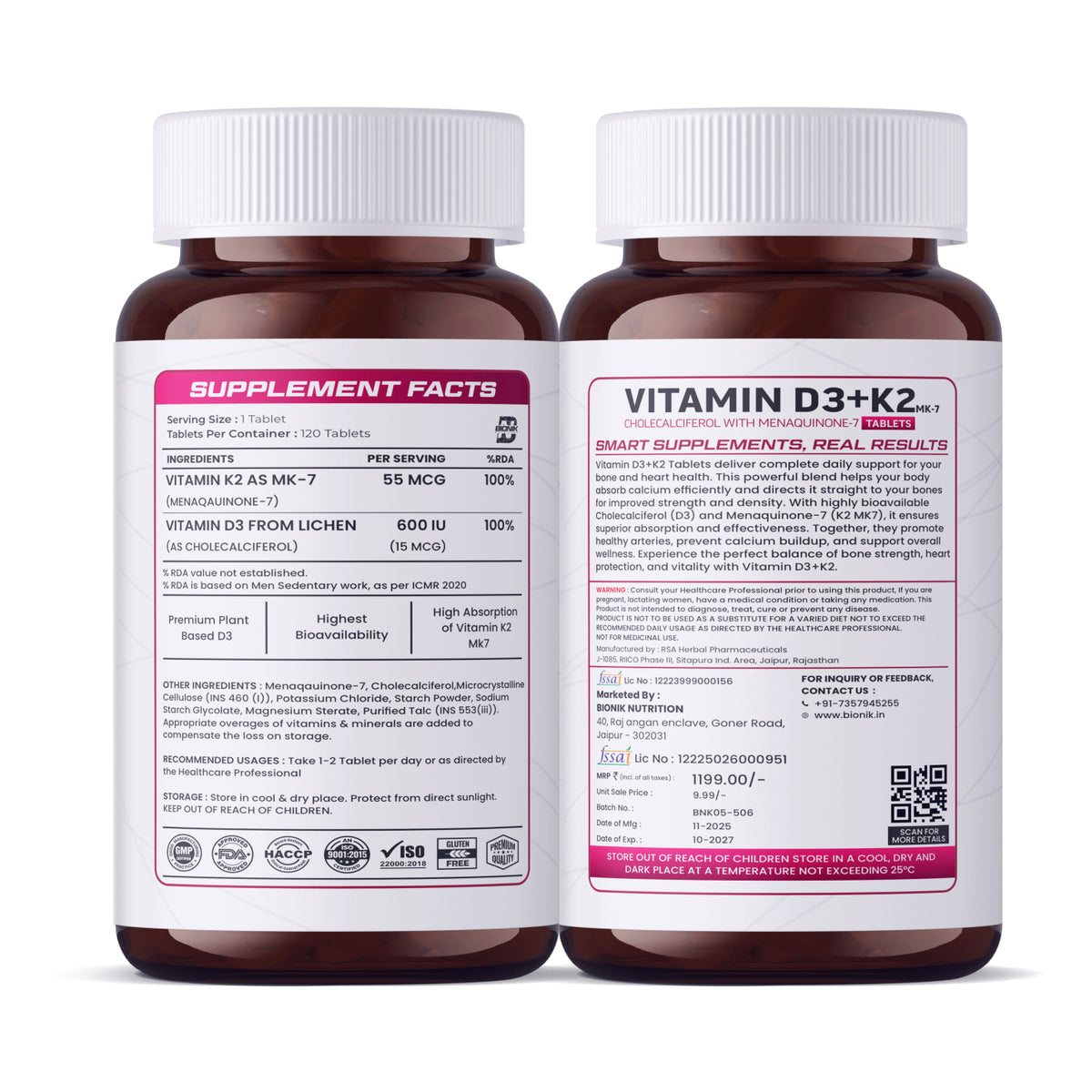 BIONIK NUTRITION Vitamin D3 + K2 Tablets bottle with 120 tablets, supplement for bone and immune health.