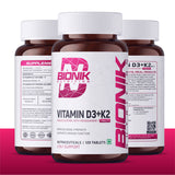 BIONIK NUTRITION Vitamin D3 + K2 tablets bottle, 120 vitamins and minerals supplement, close-up of product packaging
