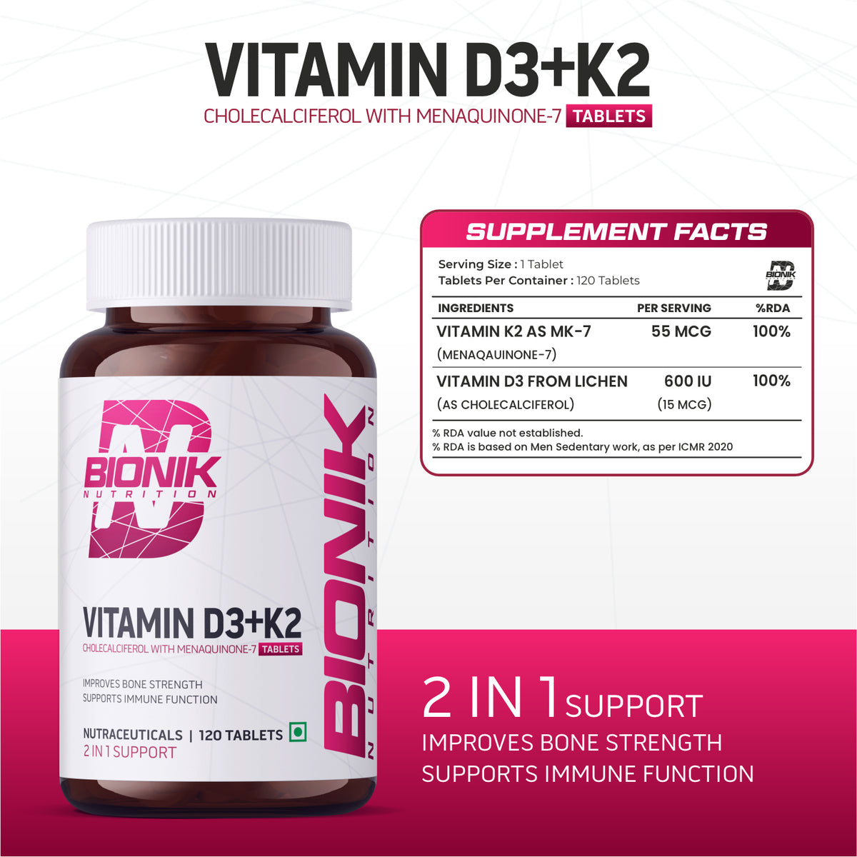 BIONIK NUTRITION Vitamin D3 + K2 tablets in blister pack, dietary supplement for bone health, 120 tablets
