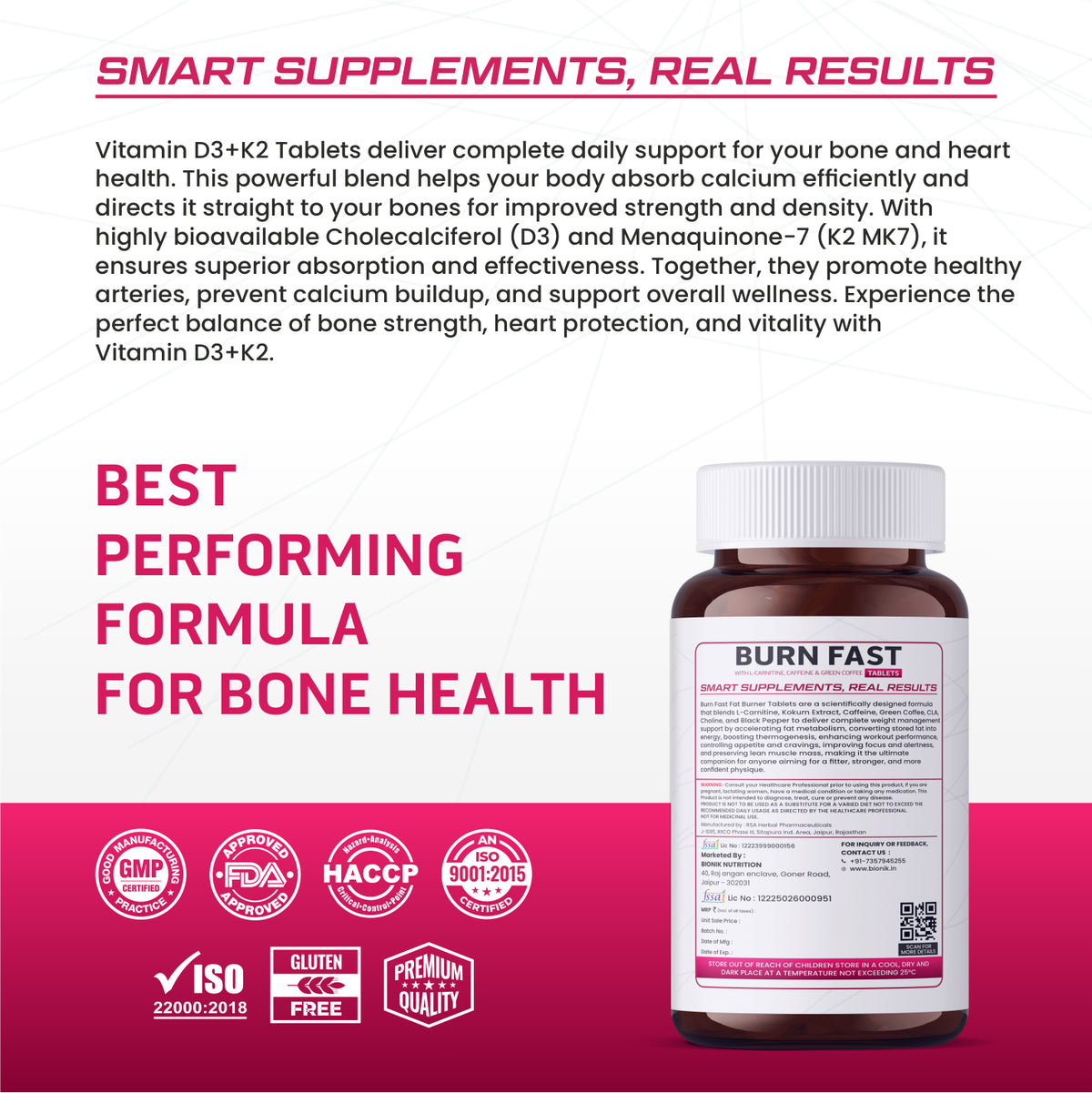 BIONIK NUTRITION Vitamin D3 + K2 Tablets bottle with 120 tablets, supplement bottle with label showing product details.