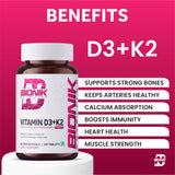 BIONIK NUTRITION Vitamin D3 + K2 tablets bottle with 120 tablets, showing the supplement packaging and tablets inside.