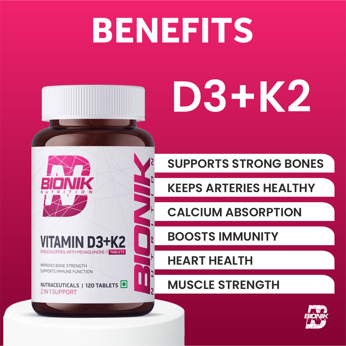 BIONIK NUTRITION Vitamin D3 + K2 tablets bottle with 120 tablets, showing the supplement packaging and tablets inside.