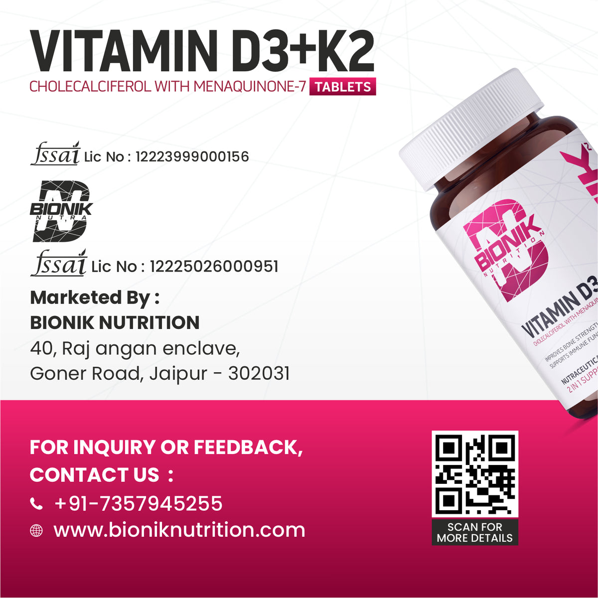BIONIK NUTRITION Vitamin D3 + K2 Tablets bottle, 120 vegan tablets, supplement for bone and immune health, natural vitamins and minerals