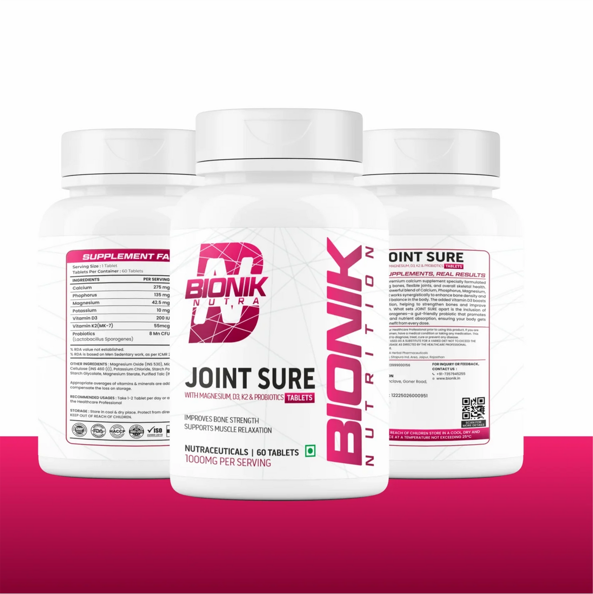 BIONIK NUTRITION Joint Sure Tablets with calcium, D3, K2, and probiotics, 60 tablets, supplement for joint health and minerals.