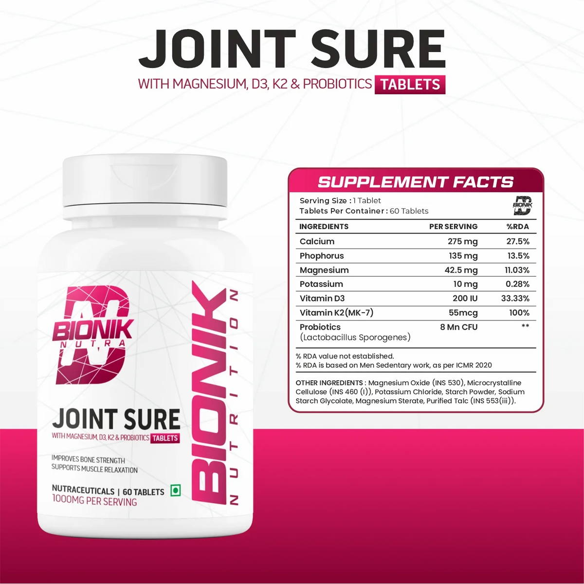 BIONIK NUTRITION Joint Sure Tablets with calcium, vitamin D3, K2, and probiotics in a bottle of 60 vitamins and minerals.