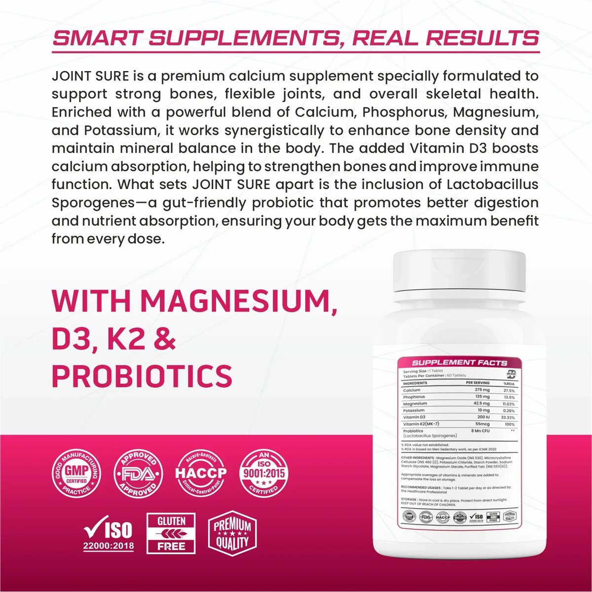 BIONIK NUTRITION Joint Sure Tablets displaying calcium, D3, K2, and probiotics in a bottle of 60 tablets.