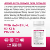 BIONIK NUTRITION Joint Sure Tablets displaying calcium, D3, K2, and probiotics in a bottle of 60 tablets.