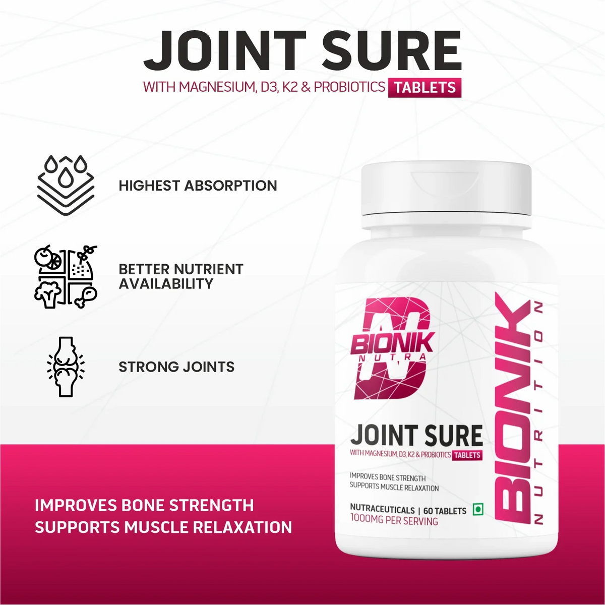 BIONIK NUTRITION Joint Sure Tablets bottle with 60 calcium, D3, K2, and probiotics vitamin and mineral supplement tablets.