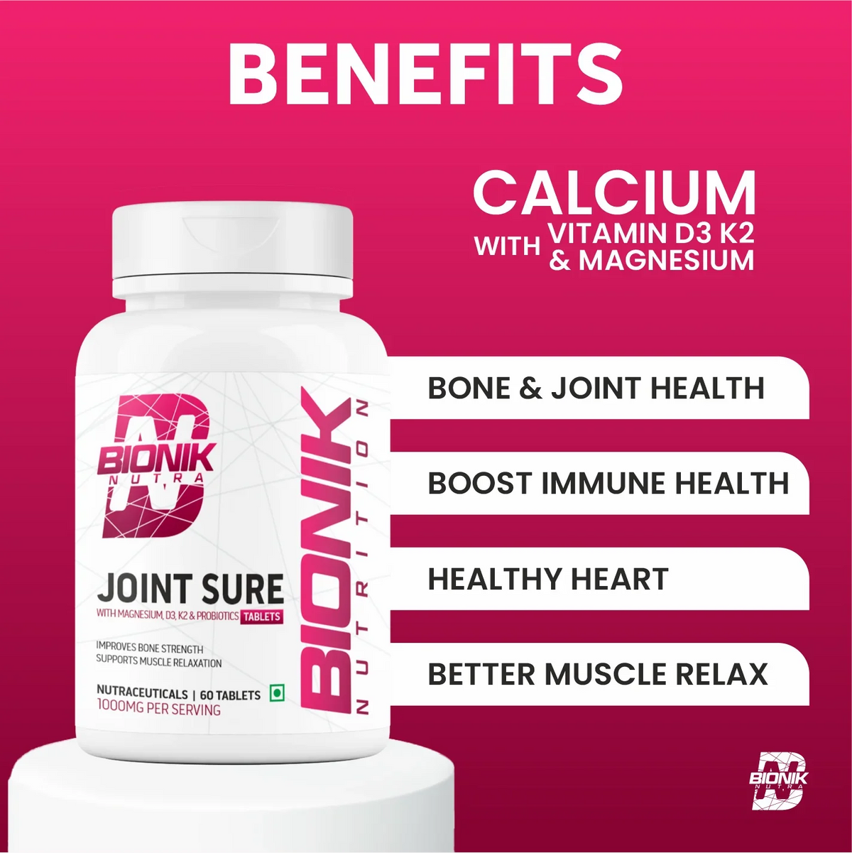 BIONIK NUTRITION Joint Sure Tablets with calcium, D3, K2, and probiotics in a bottle of 60 vitamins and minerals for joint health.