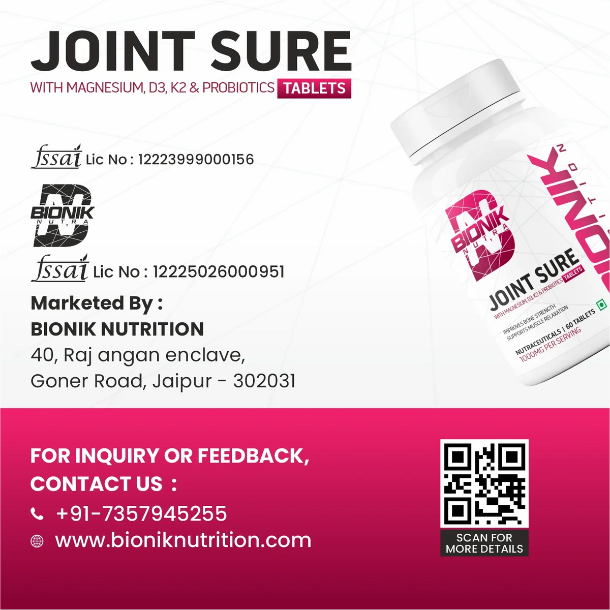 BIONIK NUTRITION Joint Sure Tablets showing the bottle with 60 calcium, D3, K2, and probiotic tablets for joint support.