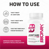 BIONIK NUTRITION Joint Sure Tablets bottle showing 60 calcium, D3, K2, and probiotic tablets for joint support.
