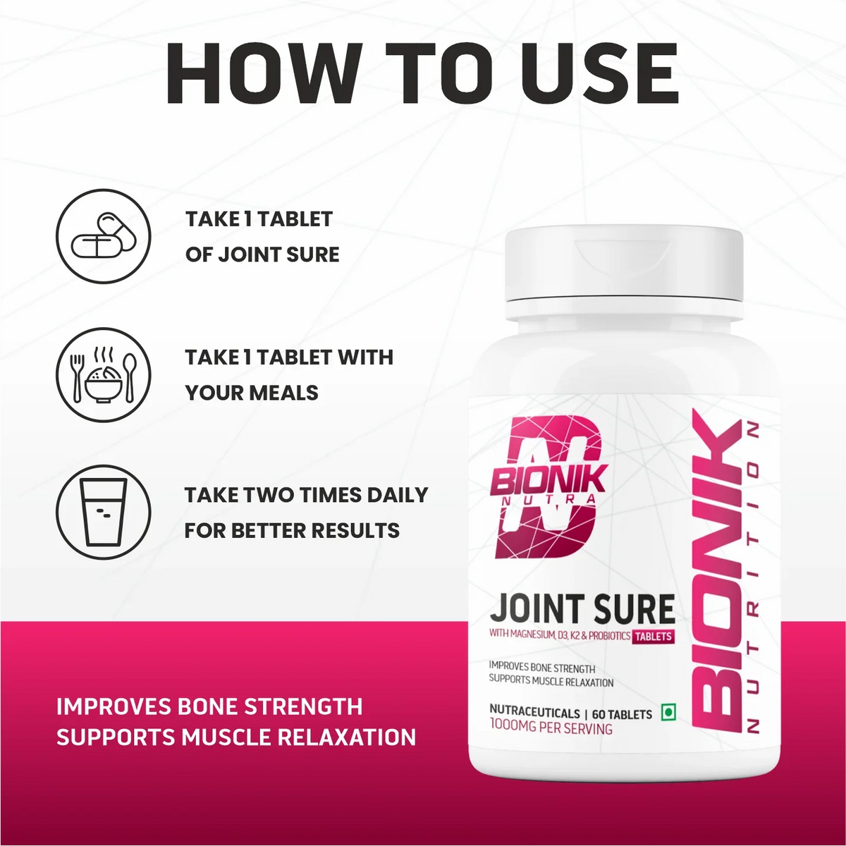 BIONIK NUTRITION Joint Sure Tablets bottle showing 60 calcium, D3, K2, and probiotic tablets for joint support.