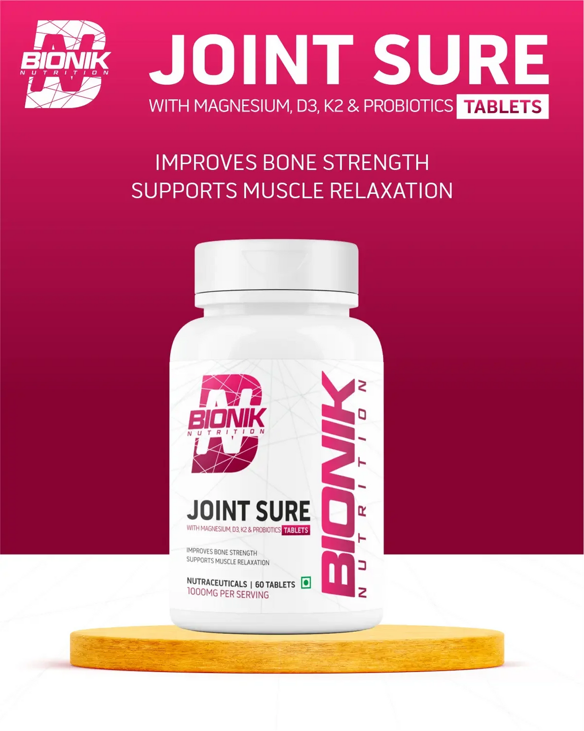 BIONIK NUTRITION Joint Sure Tablets with calcium, D3, K2, and probiotics in a bottle of 60 vitamins and minerals.