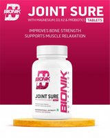 BIONIK NUTRITION Joint Sure Tablets with calcium, D3, K2, and probiotics in a bottle of 60 vitamins and minerals.