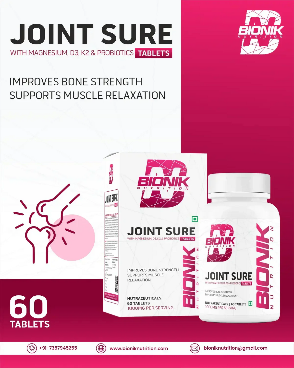BIONIK NUTRITION Joint Sure Tablets bottle with calcium, D3, K2, probiotics, containing 60 vitamins and minerals tablets.