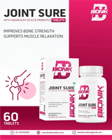 BIONIK NUTRITION Joint Sure Tablets bottle with calcium, D3, K2, probiotics, containing 60 vitamins and minerals tablets.