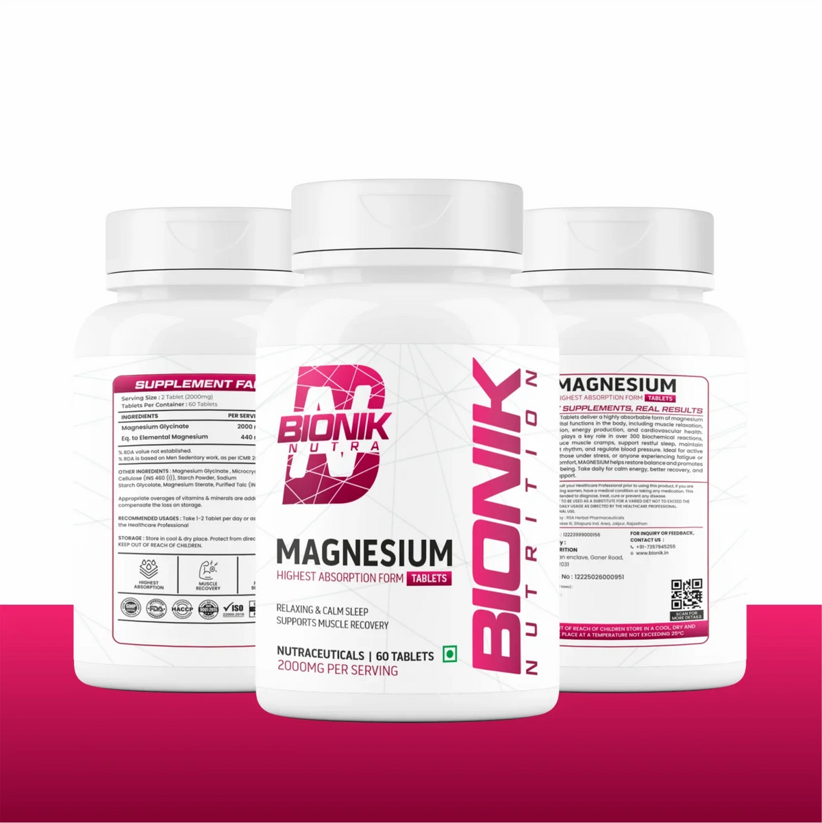 BIONIK NUTRITION Magnesium Glycinate Tablets 2000 mg bottle with 60 tablets, dietary vitamins and minerals supplement