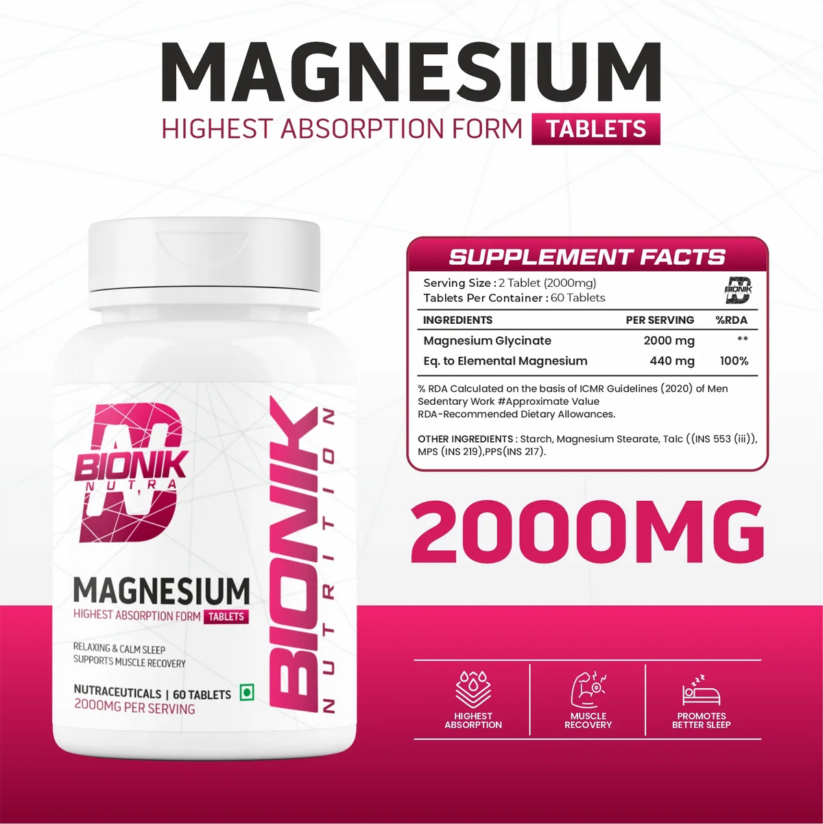 BIONIK NUTRITION Magnesium Glycinate Tablets 2000 mg bottle with 60 dietary supplement tablets for magnesium support
