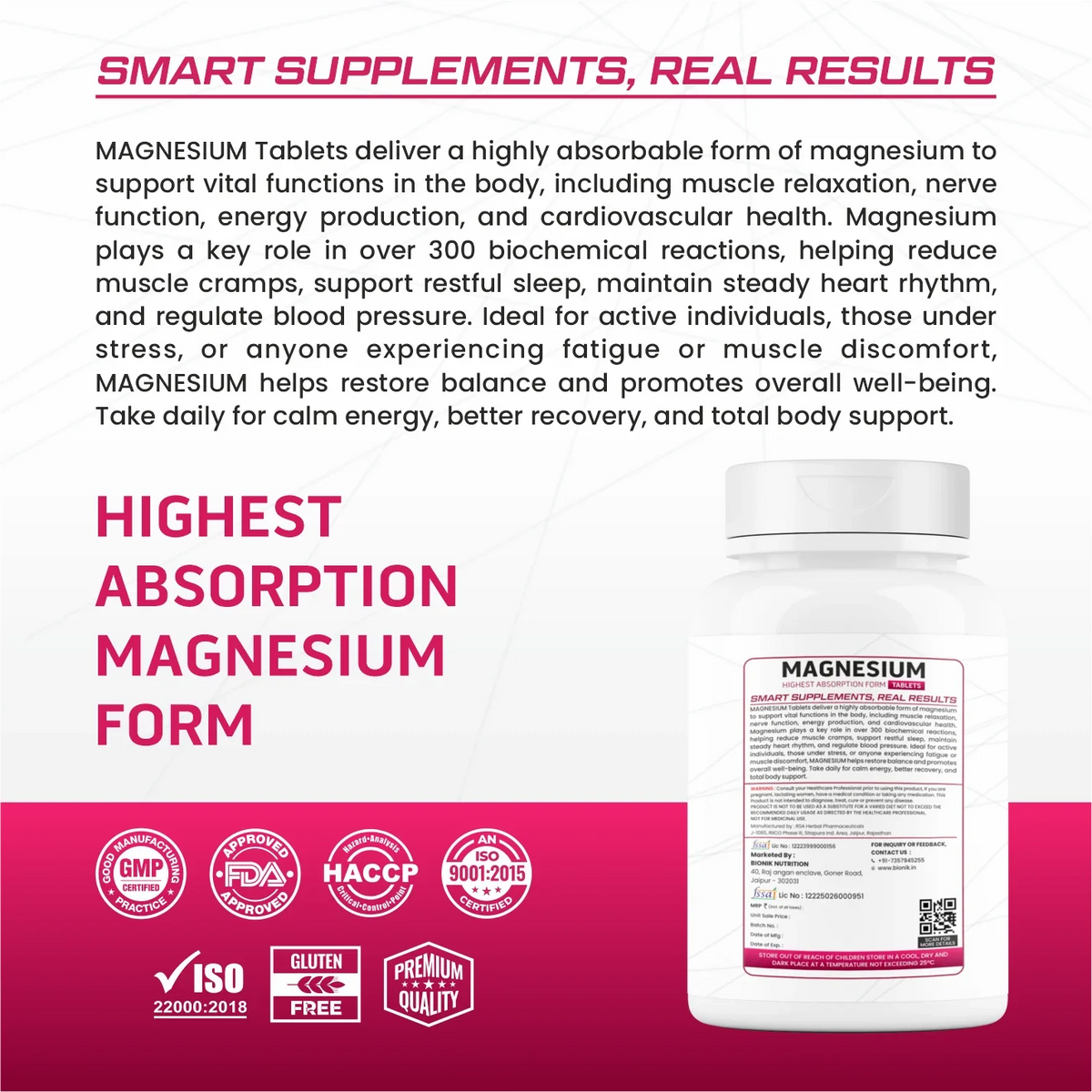 BIONIK NUTRITION Magnesium Glycinate Tablets 2000 mg bottle with 60 tablets, dietary supplement for magnesium intake.