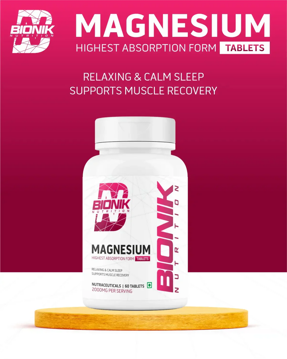 BIONIK NUTRITION Magnesium Glycinate Tablets 2000 mg bottle, 60 vitamin and mineral supplement tablets.
