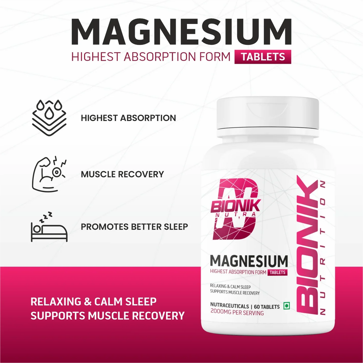 BIONIK NUTRITION Magnesium Glycinate tablets 2000 mg bottle with 60 supplement tablets, vitamins and minerals for health support
