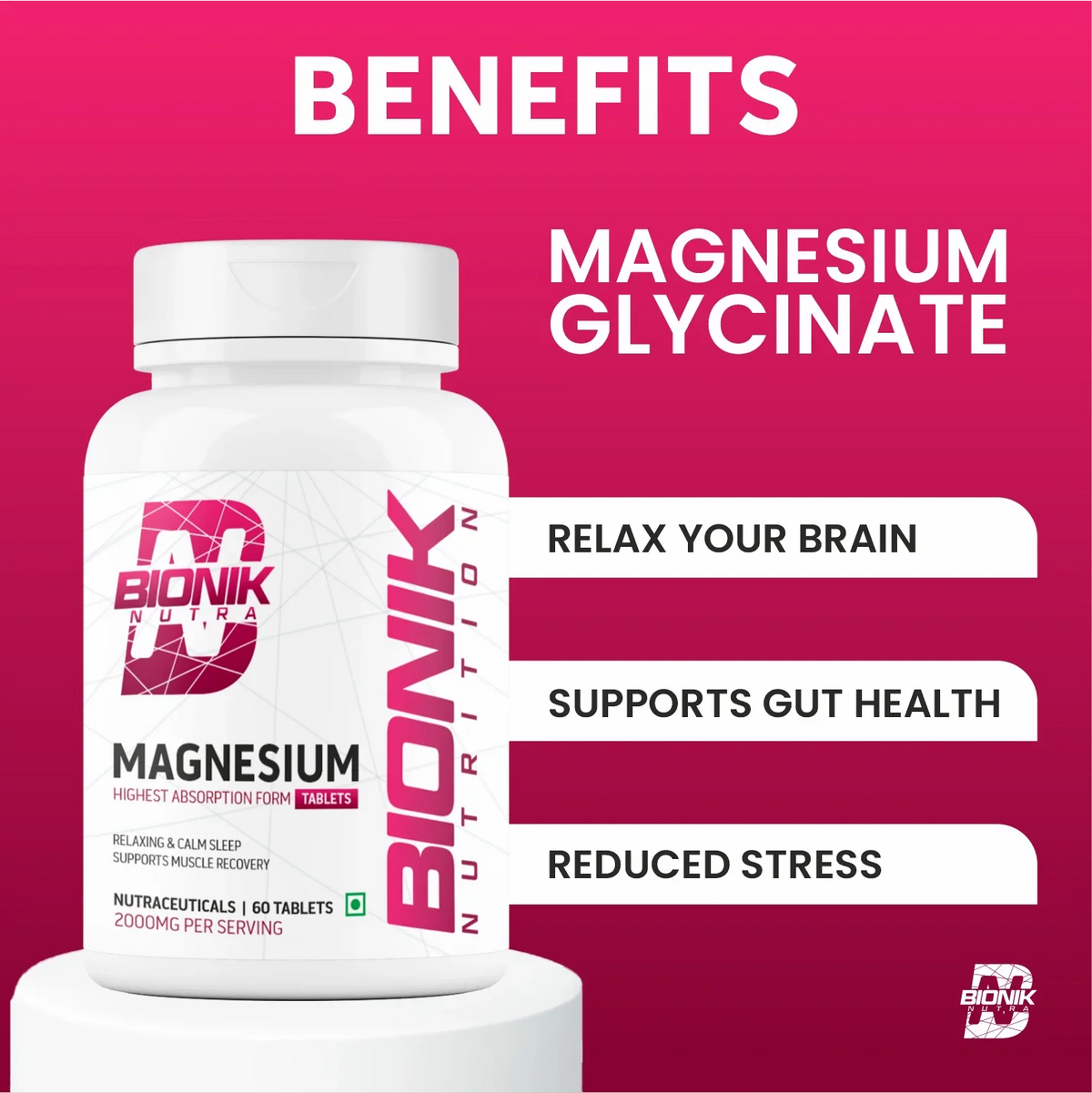 BIONIK NUTRITION Magnesium Glycinate Tablets 2000 mg bottle with 60 vitamin and mineral supplement tablets.