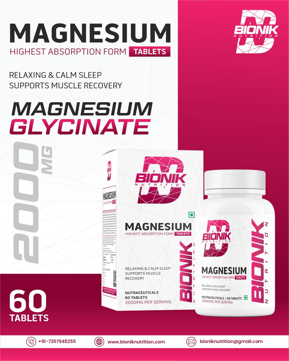 BIONIK NUTRITION Magnesium Glycinate Tablets 2000 mg bottle with 60 tablets, dietary vitamins and minerals supplement
