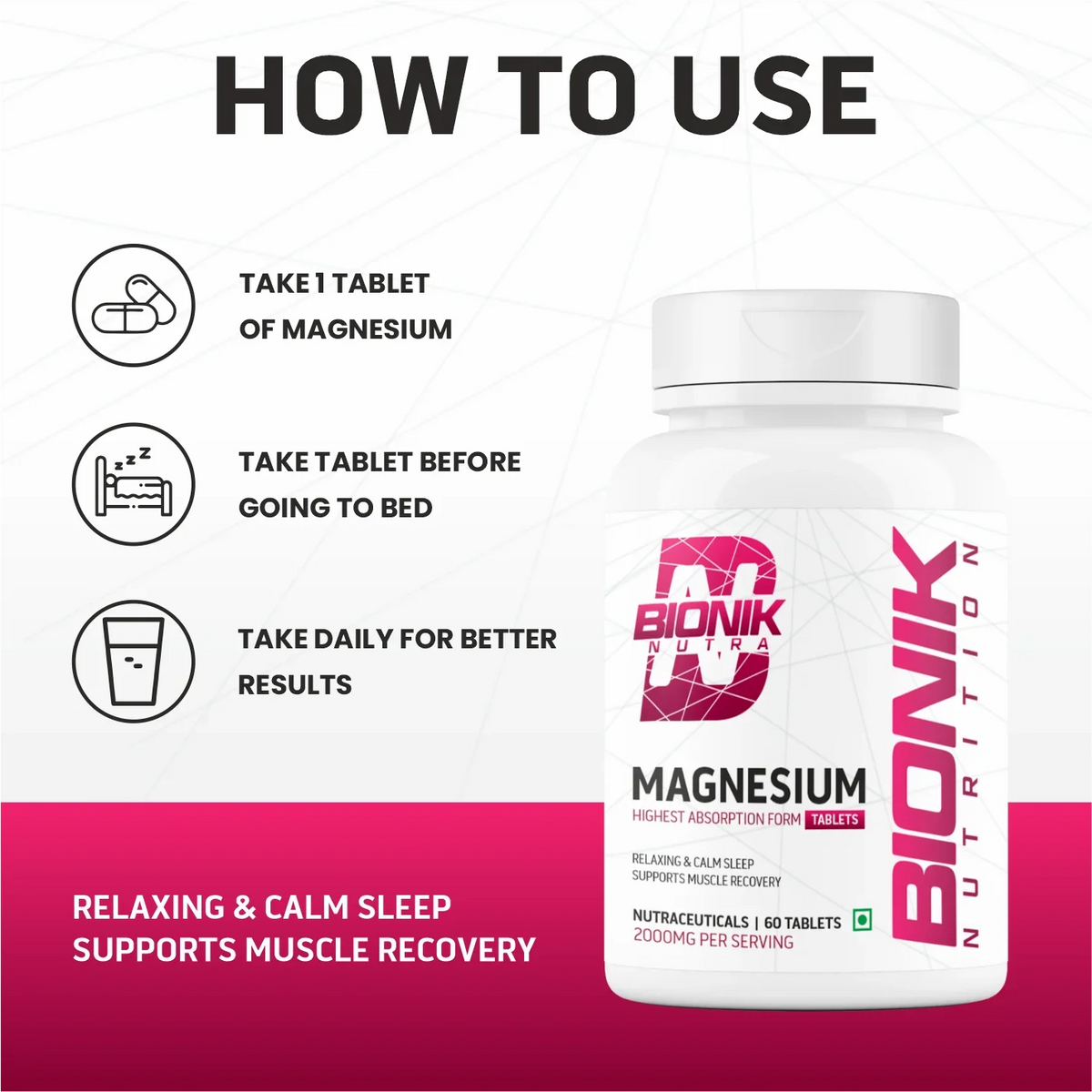 BIONIK NUTRITION Magnesium Glycinate Tablets 2000 mg bottle with 60 vitamins and minerals supplement tablets.
