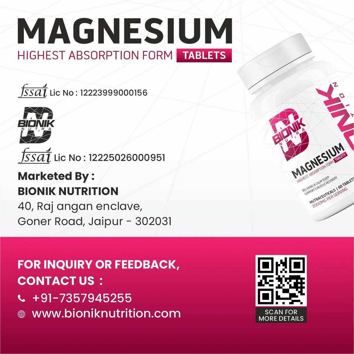 BIONIK NUTRITION Magnesium Glycinate Tablets 2000 mg bottle with 60 vitamins and minerals supplement tablets.