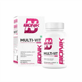 BIONIK NUTRITION Multi-Vit Multivitamin tablets with 59 nutrients, featuring colorful tablets in a bottle.