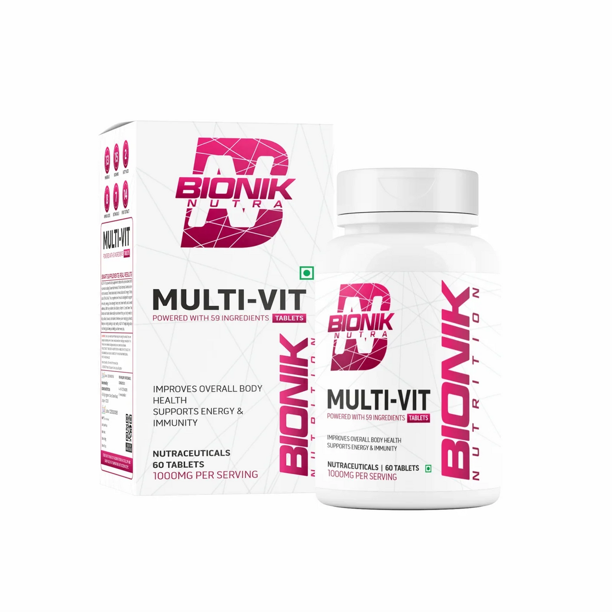 BIONIK NUTRITION Multi-Vit Multivitamin tablets with 59 nutrients, featuring colorful tablets in a bottle.