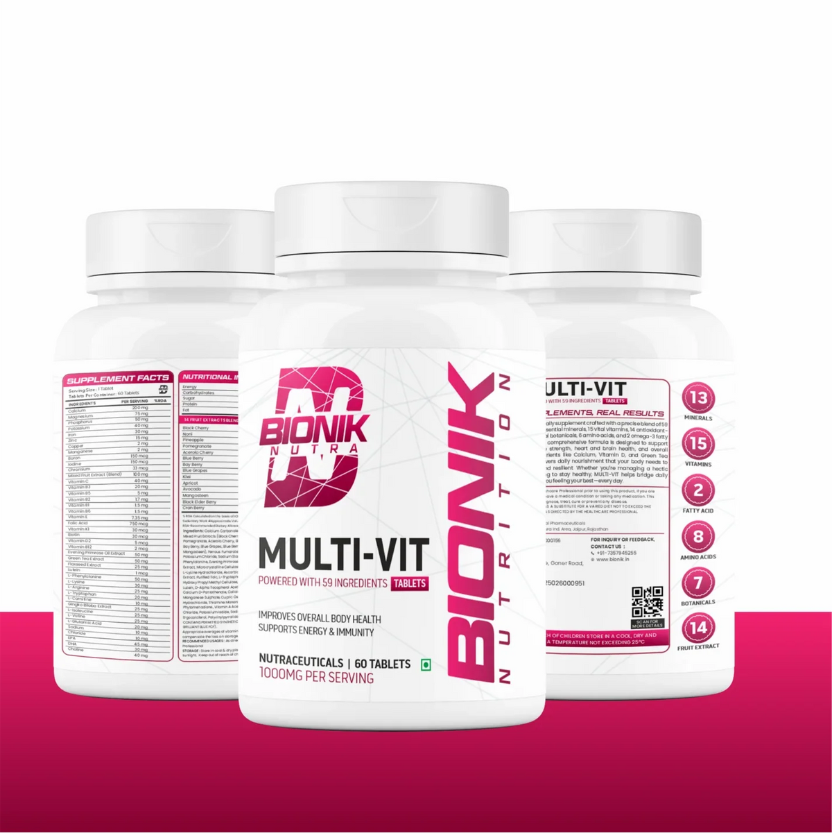 BIONIK NUTRITION Multi-Vit Multivitamin bottle with 60 tablets, showing colorful tablets and supplement packaging.