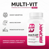 BIONIK NUTRITION Multi-Vit Multivitamin bottle with 60 tablets, showcasing colorful supplement packaging and tablets inside.