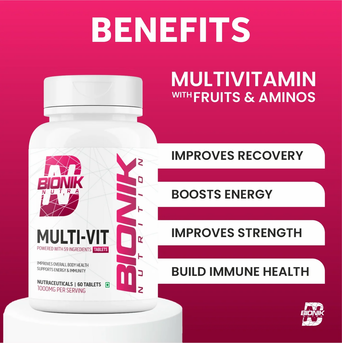 BIONIK NUTRITION Multi-Vit Multivitamin box with 60 tablets, featuring 59 essential nutrients in a vitamins and minerals supplement