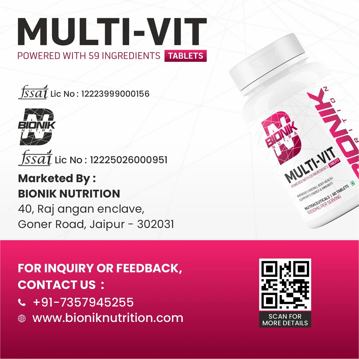 BIONIK NUTRITION Multi-Vit Multivitamin box with 60 tablets, showcasing vibrant packaging of vitamins and minerals supplement.