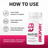 BIONIK NUTRITION Multi-Vit Multivitamin bottle with 60 tablets, showing colorful vitamin and mineral capsules inside.