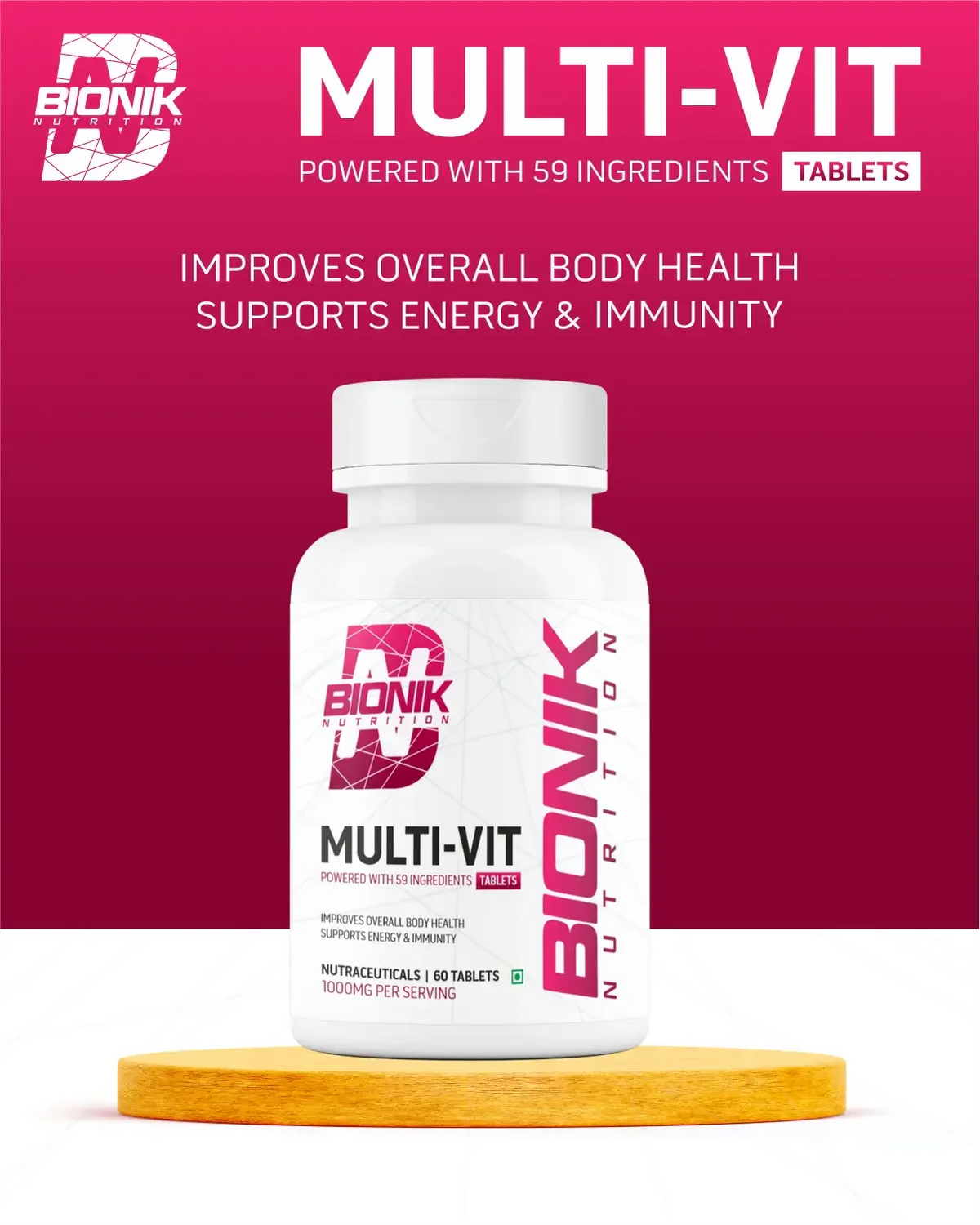 BIONIK NUTRITION Multi-Vit Multivitamin bottle with 60 tablets, showing colorful tablets and product label.