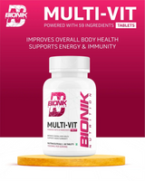 BIONIK NUTRITION Multi-Vit Multivitamin bottle with 60 tablets, showing colorful tablets and product label.