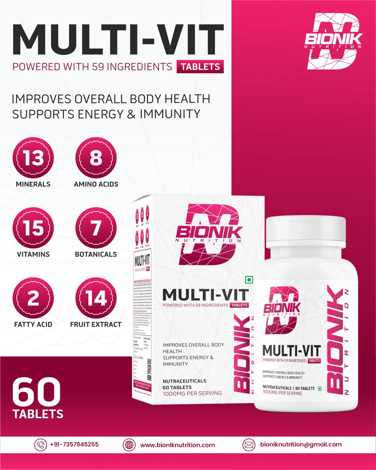 BIONIK NUTRITION Multi-Vit Multivitamin bottle with 60 tablets, featuring 59 nutrients for daily health support.