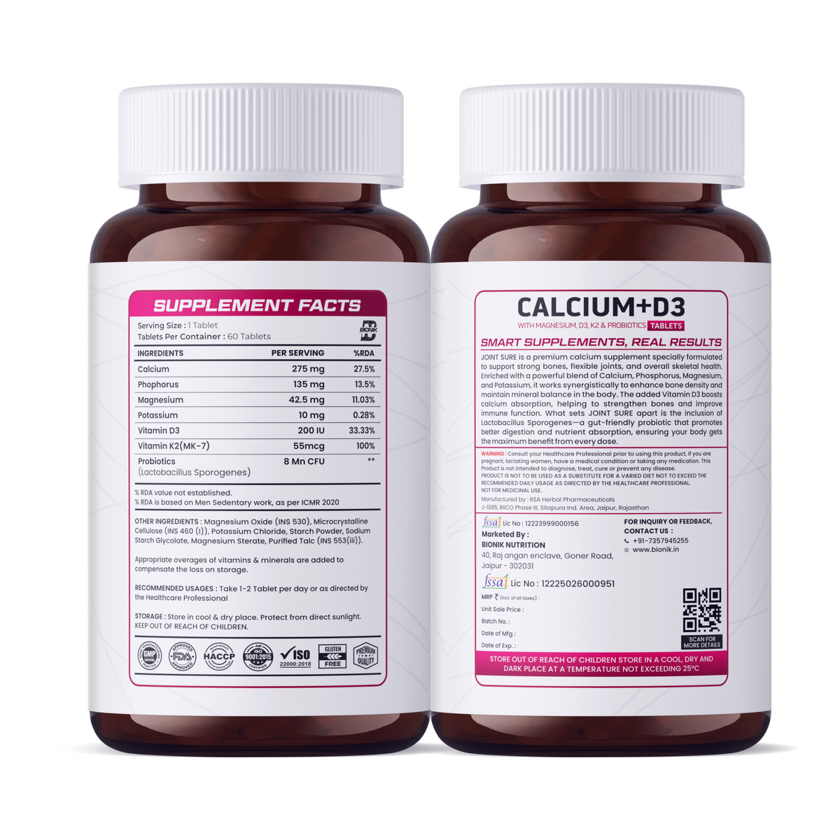 BIONIK NUTRITION Calcium + D3 tablets with Vitamin K2 and probiotics, showing the supplement bottles and tablets.