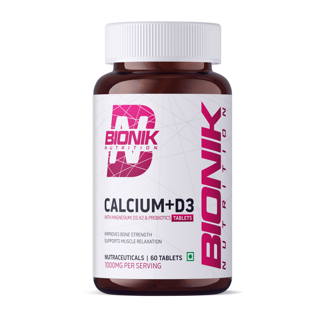 BIONIK NUTRITION Calcium + D3 tablets with Vitamin K2 and probiotics, showing the supplement bottle and tablets inside