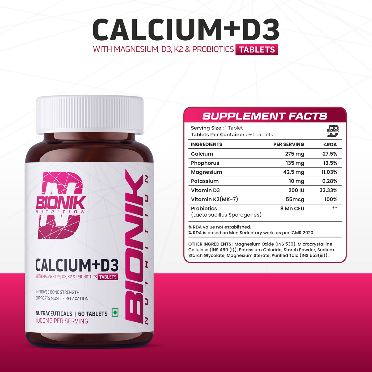 BIONIK NUTRITION Calcium D3 tablets with Vitamin K2 and probiotics, shown in blister pack with tablets and supplement label.