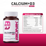 BIONIK NUTRITION Calcium D3 tablets with Vitamin K2 and probiotics, shown in blister pack with tablets and supplement label.